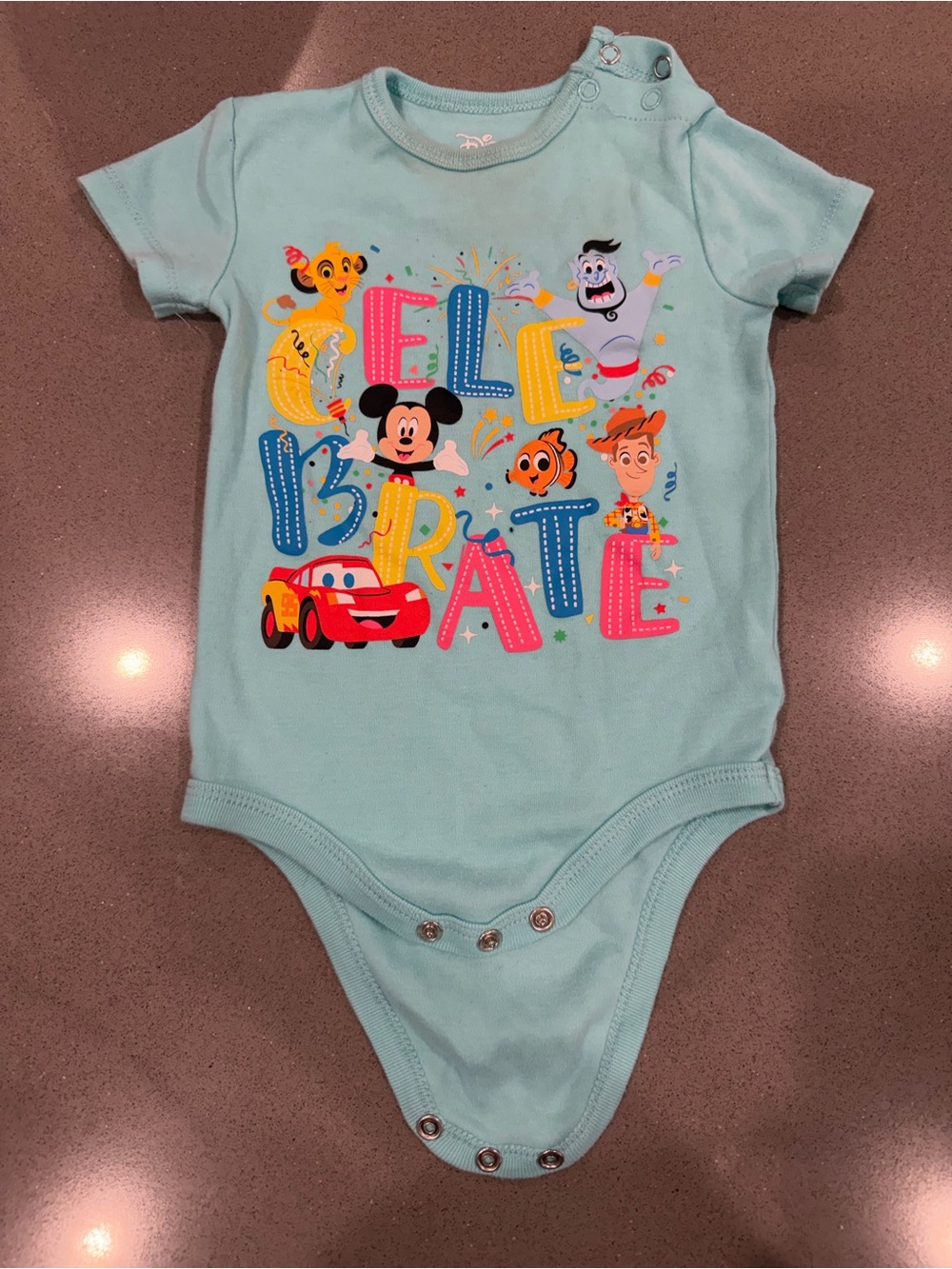 Disney Light Blue 'Celebrate' Character Graphic One-Piece Bodysuit